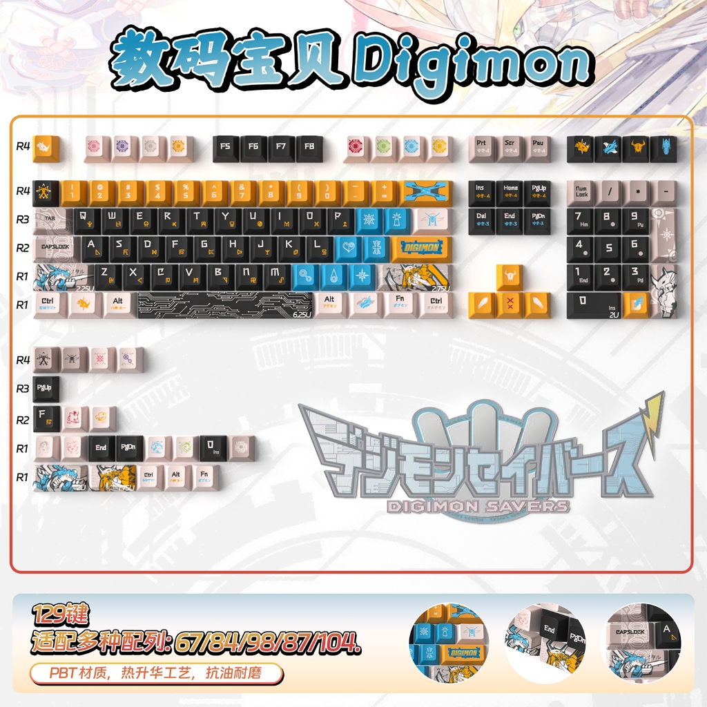 Bộ Keycap Digimon Keycap Đen dày 1.7mm PBT Cherry profile Keycaps cho bàn phím cơ