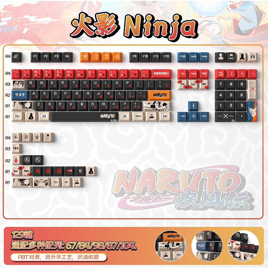 Naruto Keycap Đen Nhật Bản Độ dày 1.7mm PBT Cherry profile Keycaps Bộ cho Bàn Phím Cơ