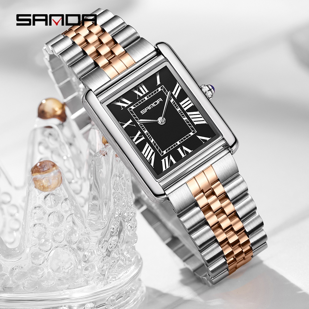 Đồng hồ thạch anh cặp đôi thời trang SANDA Mới 1108 9031 Thời trang đơn giản Đồng hồ bạc vuông nhỏ Dây da đen Đồng hồ thạch anh nam nữ 2025