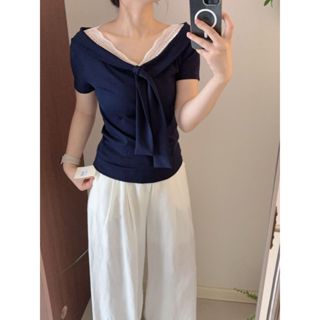 Áo thun cổ chữ V màu xanh hải quân, thiết kế ôm vừa vặn dành cho nữ mùa hè