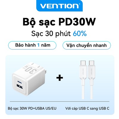 Bộ sạc nhanh GaN Vention 20W 30W Bộ sạc USB C PD + USB 2 cổng Bộ sạc chuyển đổi với QC4.0 PD USB typec nhanh Bộ phích cắm US cho IP 16 Samsung Android - Hàng Chính Hãng, BH 12 tháng