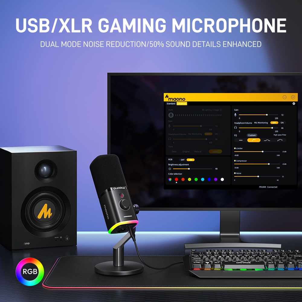 Micrô Podcasting năng động màu đen Maono PD100X, có đèn RGB, Bộ micrô chế độ kép USB / XLR với phần mềm, tắt tiếng, điều khiển âm lượng cho PC, điện thoại, phát trực tuyến, qua giọng nói | BigBuy360 - bigbuy360.vn