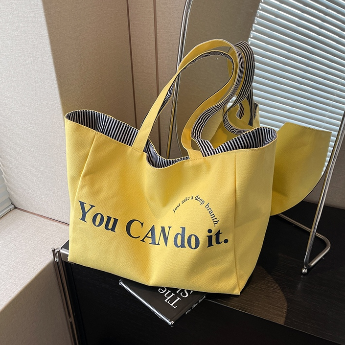 Túi vải hai mặt sọc thời trang phong cách Hàn Quốc, túi một vai màu vàng dung tích lớn dành cho nữ