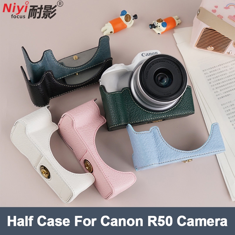 Da PU Đế Máy Ảnh Ốp Lưng Canon EOS R50 R100 Họa Tiết Vải Lánh Da Đế Bảo Vệ Túi Phụ Kiện