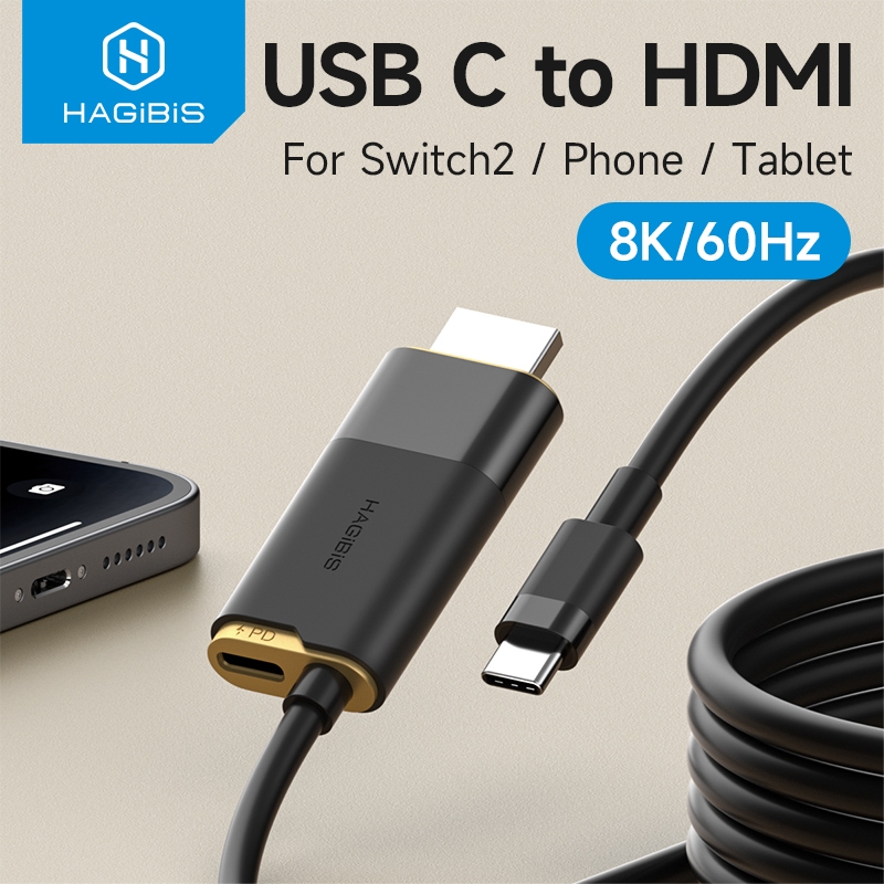 Đế công tắc Hagibis cho Nintendo Switch / OLED Switch2 USB C sang HDMI Bộ chuyển đổi cáp tương thích 8K60Hz 100W PD cho máy tính xách tay SteamDeck ROG Ally