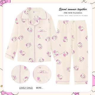 Bộ đồ ngủ Kitty dài tay có ve áo cho bé gái Bộ đồ ngủ trẻ em lấy cảm hứng từ hoạt hình tại nhà cho 10 - 11 tuổi