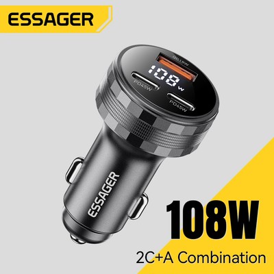 Essager 108W Sạc Nhanh 2 Loại C + 1 USB-A Sạc Xe Hơi Sạc Nhanh Cho iP Huawei Điện Thoại Di Động