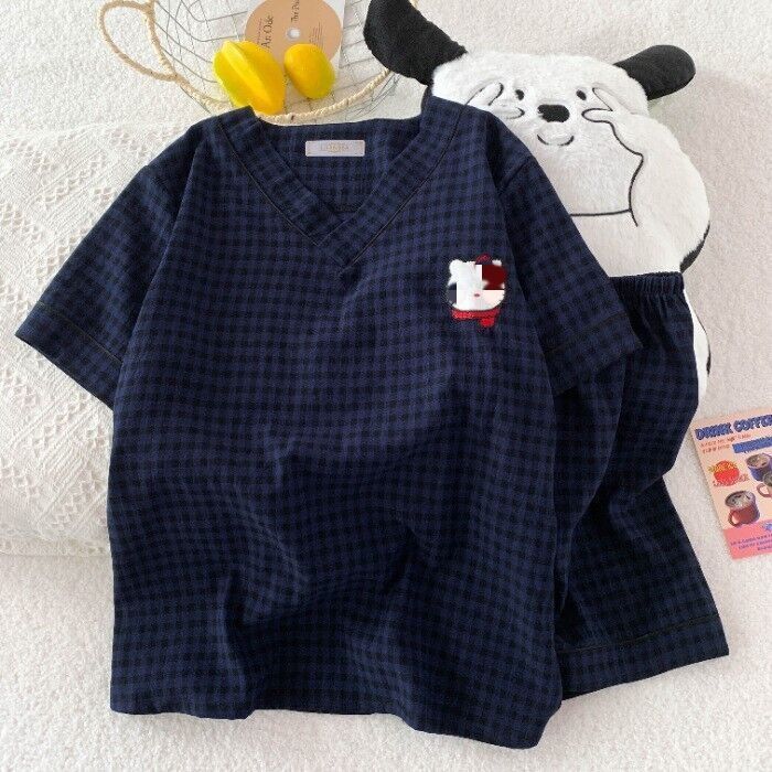 Bộ đồ ngủ cotton mây cổ V mùa hè mới FDS cho phụ nữ, tay ngắn, bộ đồ thư giãn sinh viên hoạt hình