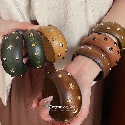 DREZEW Vòng tay mặt rộng bằng gỗ thời trang cổ điển Châu Âu và Mỹ Vòng tay phóng đại hợp thời trang đa năng, phong cách Gothic, cách tối tăm, phong cách punk