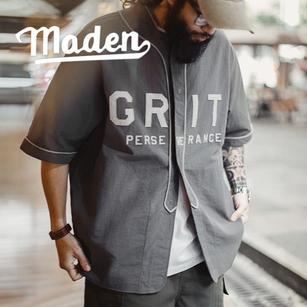 Maden Grít - Áo bóng chày nam màu xám, vải thêu tinh tế