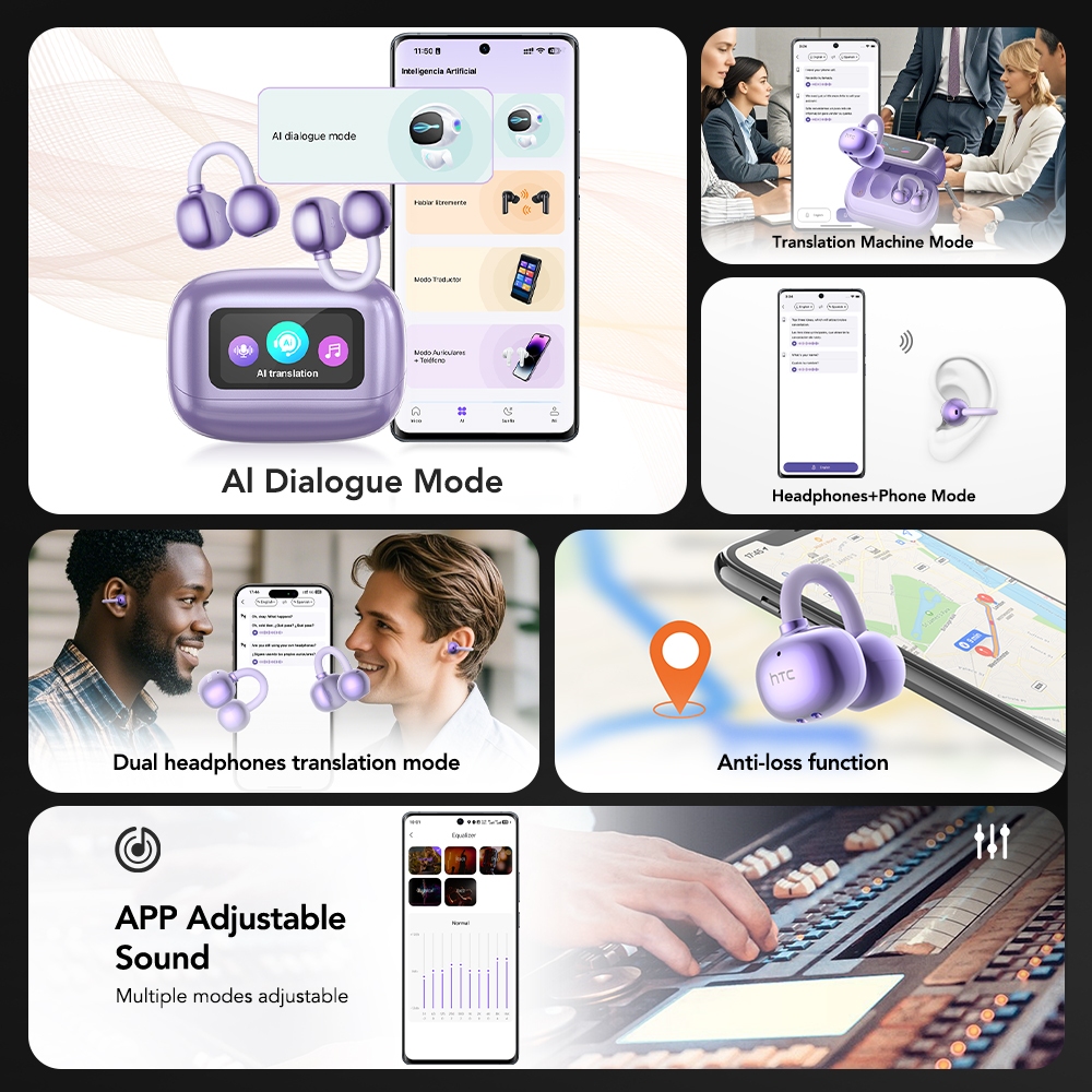 HTC NE54 AI Tai nghe phiên dịch AI Tai nghe kẹp tai Bluetooth 6.0 Biểu đạt trực quan Màn hình cảm ứng đa chức năng Thời lượng pin dài Chống nước IPX4 Tương thích với Android/iOS | BigBuy360 - bigbuy360.vn