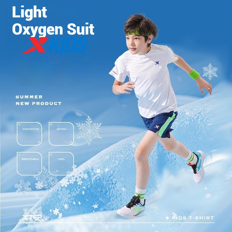 XTEP Áo thun ngắn tay cho trẻ em Nhanh khô mát mẻ Thể thao bé trai bé gái