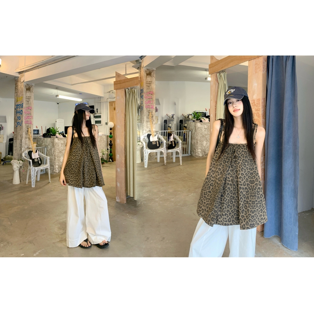 Hàng sẵn có Chất lượng tốt Real Shot Hàn Quốc Dongdaemun Retro Da Báo In Sling Váy Chữ A Gợi Cảm Sli