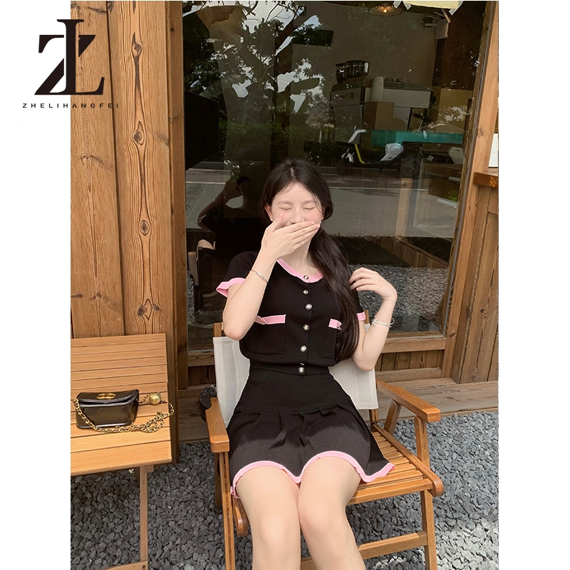 ZHELIHANGFEI Bộ Áo Sweater + Chân Váy Xếp Ly Phong Cách Chanel Trẻ Trung