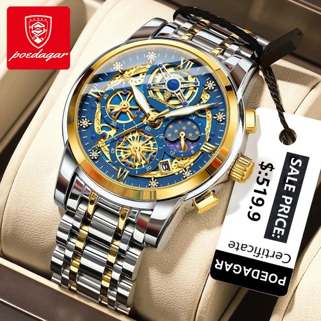 Đồng hồ nam chính hãng POEDAGAR Dây đeo bằng thép không gỉ Đa chức năng Ngày phát sáng Chống nước 984
