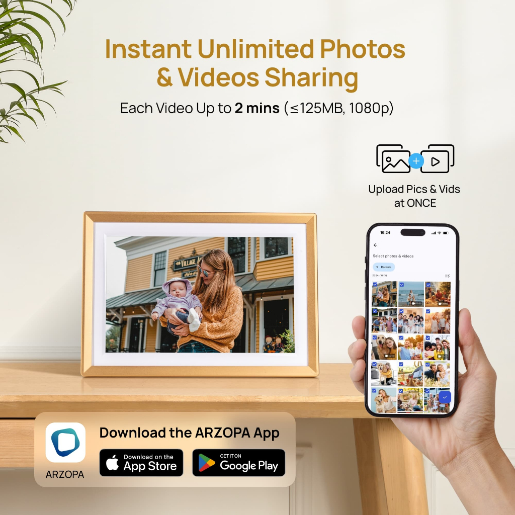 Khung ảnh kỹ thuật số bằng kim loại WiFi ARZOPA 10.1 ", Màn hình cảm ứng HD IPS, Dễ dàng chia sẻ ảnh / video qua ứng dụng miễn phí, Khung quà tặng thông minh tùy chỉnh cho gia đình - Vàng D10 | BigBuy360 - bigbuy360.vn