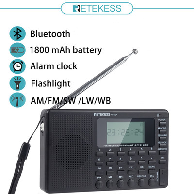 Đài phát thanh có thể bảo vệ Retekess V115P FM AM với loa Bluetooth Đèn LED báo động thẻ TF có ghi âm cho người cao tuổi khẩn cấp