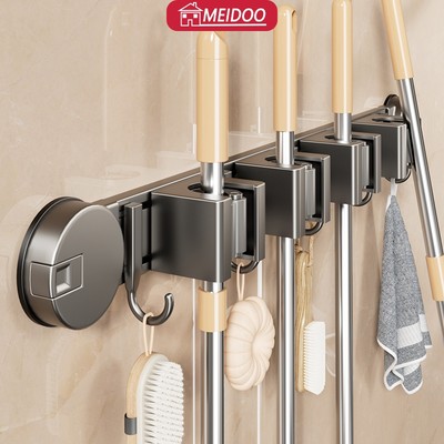 MEIDOO Thanh móc kẹp chổi, móc treo cây lau nhà đa năng dán tường, kẹp lau nhà móc cốc hút