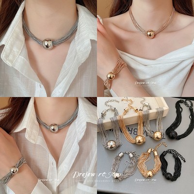 Vòng cổ và vòng tay kim loại sáng bóng đa tầng, phong cách châu Âu và Mỹ
