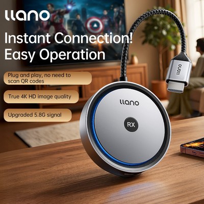 Dongle màn hình không dây Llano S450 4K cho điện thoại – Tín hiệu ổn định 5,8G, Chế độ chân dung & phong cảnh, Plug & Play, Phản chiếu / Phát trực tuyến, Không cần ứng dụng hoặc WiFi