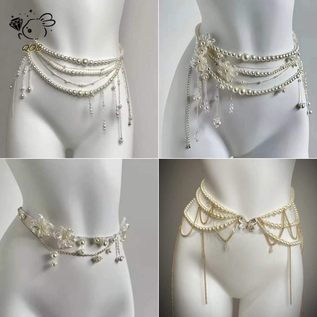 [QOE] Dây đeo thắt lưng hoa nhiều lớp thời trang - Vòng eo ngọc trai cổ điển dành cho nữ - Phụ kiện quần áo Quà tặng VN