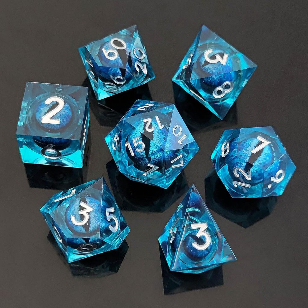 DND Resin Dragon Eye Dice - Liquid Core, Blue, Sharp Edged, Dungeons and Dragons Polyhedral D & D Di