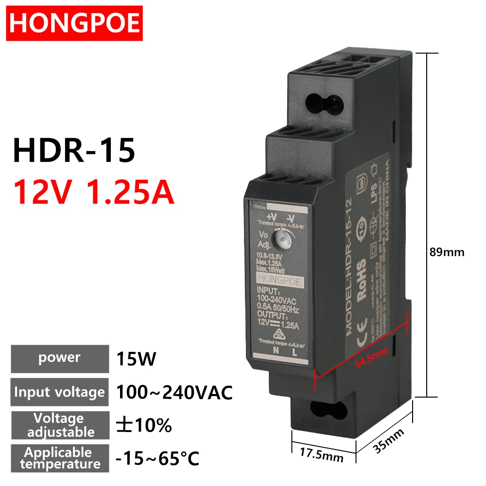 AC-DC 15W Bộ nguồn chuyển mạch siêu mỏng 12V 24V HDR DIN Rail Mount Transformer 100-240VAC INPUT