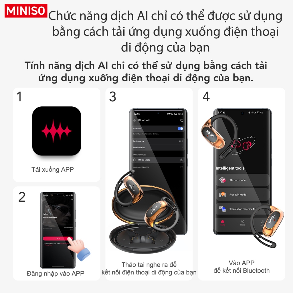 MINISO MS202 Tai Nghe Phiên Dịch AI Phiên dịch thời gian thực AI Giảm tiếng ồn Tai nghe Bluetooth Bluetooth 6.0 Tai nghe không dây Âm thanh nổi HiFi ASMR Có micrô Tai nghe dẫn truyền qua xương | BigBuy360 - bigbuy360.vn