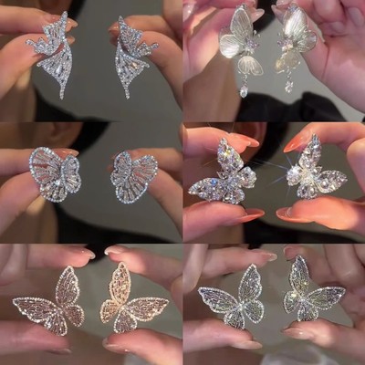 Bông tai hình bướm bạc kim dát zircon, tua dàiflash bắt mắt