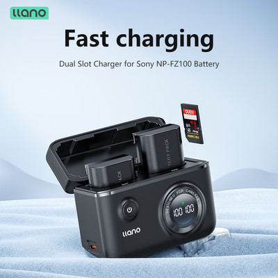 Bộ sạc pin máy ảnh khe kép LLANO có màn hình LCD & Hộp lưu trữ thẻ SD | Tương thích với Canon, Sony, Nikon, Fujifilm