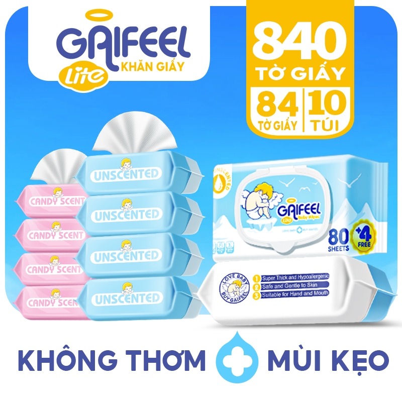  Set 10 gói  840 khăn giấy ướt GAIFEEL Không mùi   hương vị kẹo khăn ướt dành cho trẻ em 
