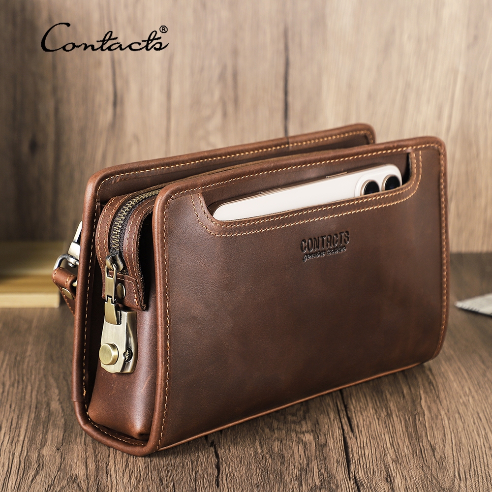 CONTACT'S Túi ly hợp da thật dành cho nam của Mật khẩu Thiết kế khóa Túi xách màu nâu sành điệu có dây đeo cổ tay Túi điện thoại & thiết yếu