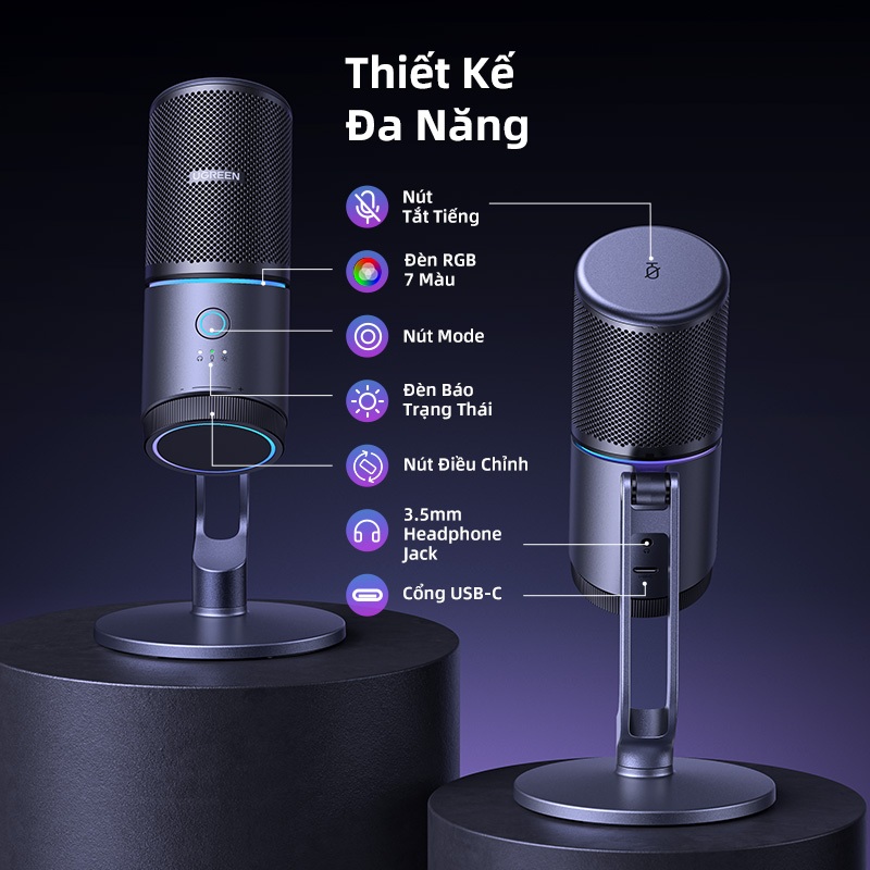 Micro USB UGREEN 7 chế độ Đèn RGB 180° Điều chỉnh theo chiều dọc Mic họa tiết phân cực Cardioid theo thời gian thực để | BigBuy360 - bigbuy360.vn