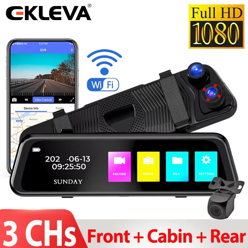 EKLEVA Đầu ghi hình ô tô ba kênh EKLEVA 9,66 "IPS có WiFi phía trước 1080P + Camera sau kép 720P Màn