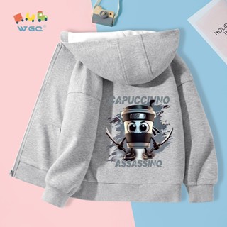 Áo hoodie cho cả bé trai, áo khoác phong cách mùa xuân và mùa thu, mềm mại và thoải mái với in CabucinoAssasino , thích hợp cho mặc trường học