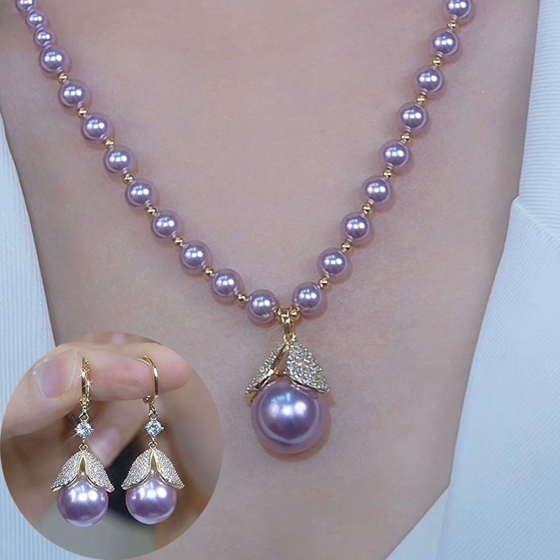 Vòng cổ ngọc trai tím chuỗi hạt kim cương dây chuyền cao cấp sang trọng nhẹ nhàng thanh lịch nữ