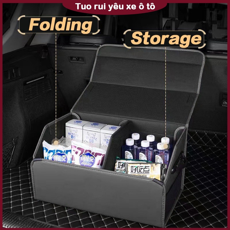 Hộp đựng cốp xe ô tô làm bằng da chất lượng cao, có thể gập lại khi không sử dụng.