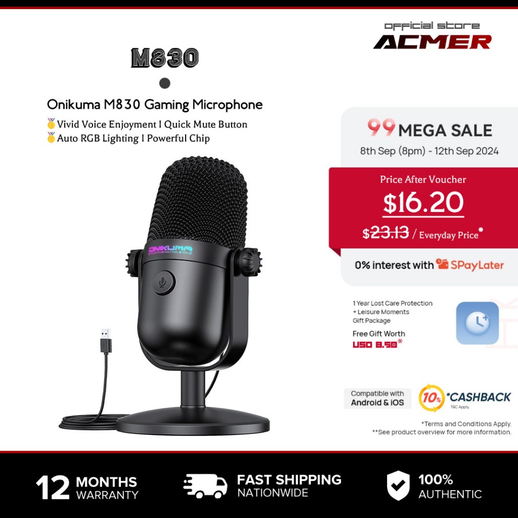 Onikuma Microphone Gaming M830 với Khử Nhiễu & Nút Tắt Tiếng, Micrô USB Condenser dành cho Phát Trực