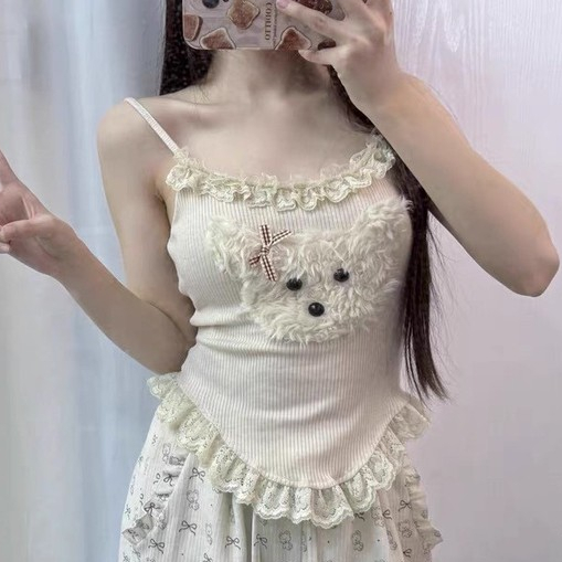 Dễ Thương Spaghetti Top Camisole Cho Nữ, Ren Xù Phối HèmSlim Fit