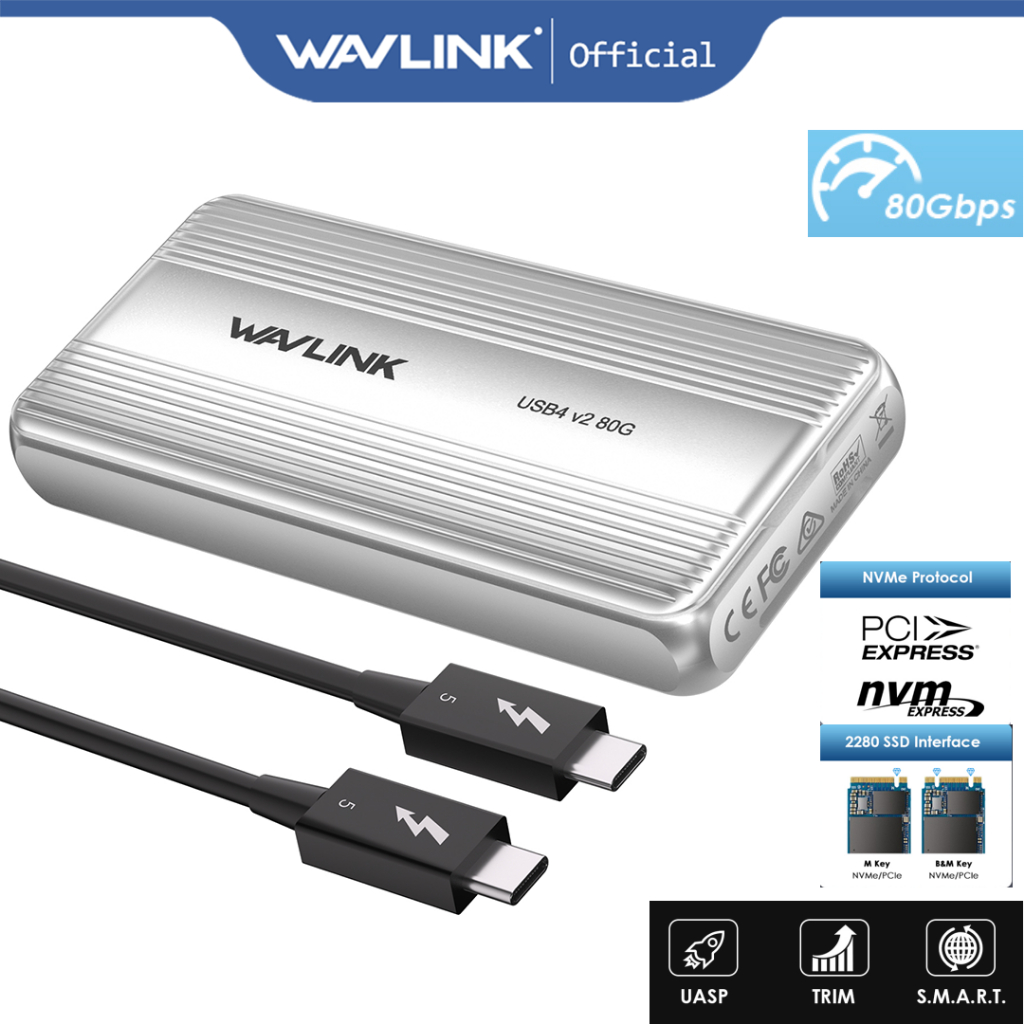WAVLINK 80Gbps USB4 V2 PCle Gen4 NVMe SSD Vỏ JHL9480 Powered 6000 + MB / s Đọc 5000 + MB / s Viết Qu