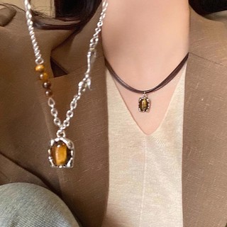 Thời trang Hàn Quốc - Vòng cổ nữ da mắt hổ đính hạt màu bạc, phù hợp sinh viên và làm quà tặng