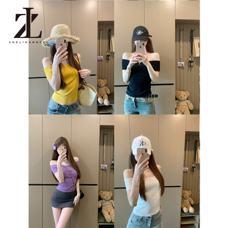 ZHELIHANGFEI Áo Thun Dệt Kim, MoseQueen, Phong Cách Cô Gái Nóng Bỏng Một Vai, Ngắn Tay, Mỏng Vừa Vặn