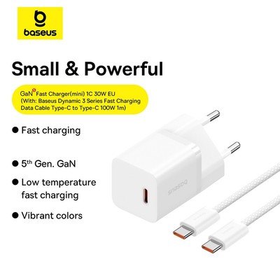 Bộ sạc nhanh Baseus 30W Mini GaN5 EU với cáp 100W Type-C sang Type-C 100W