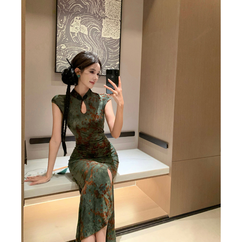 Váy dài nữ sườn xám hiện đại, cổ Trung Quốc, thiết kế bodycon gợi cảm và thanh lịch | BigBuy360 - bigbuy360.vn
