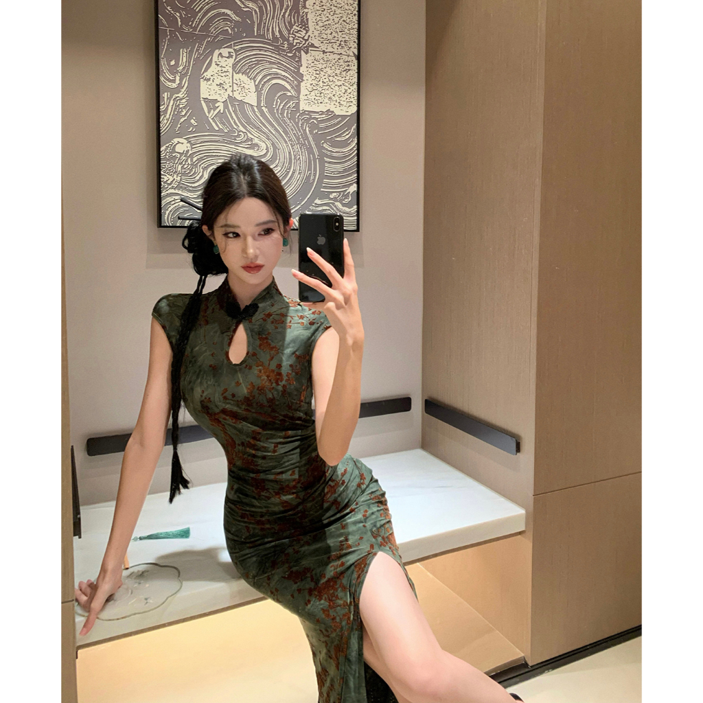 Váy dài nữ sườn xám hiện đại, cổ Trung Quốc, thiết kế bodycon gợi cảm và thanh lịch | BigBuy360 - bigbuy360.vn