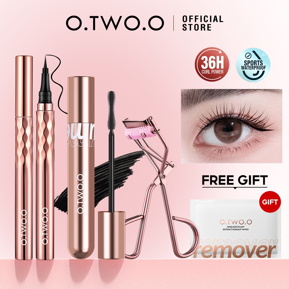 Set mỹ phẩm O.TWO.O mascara bút kẻ mắt dụng cụ kẹp bấm cong lông mi và bông tẩy trang 120g