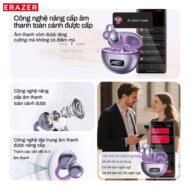 Lenovo ERAZER XF55 AI Dịch thuật thời gian thực Tai nghe Bluetooth Loại kẹp tai Tai nghe Bluetooth 6.0 Chất lượng âm thanh HiFi IPX5 Tai nghe không dây chống nước Bảo hành một năm | BigBuy360 - bigbuy360.vn