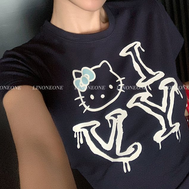 YIBEIKA Áo thun ngắn tay vai ngắn họa tiết hoạt hình Kitty Kitty Kitty Kitty