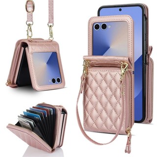 Ốp điện thoại màn hình gập Samsung Z Flip7 6 5 4 3 7FE Phong cách Chanel Dây đeo chéo phong cách Dây đeo tay bằng da lật Hộp đựng thẻ