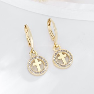  E822 Bông tai và mặt dây chuyền nữ 14K với thiết kế titan kẻ sọc zircon chữ thập đĩa tròn chống rỉ sét và không phai màu - Phụ kiện trang sức chính hãng 